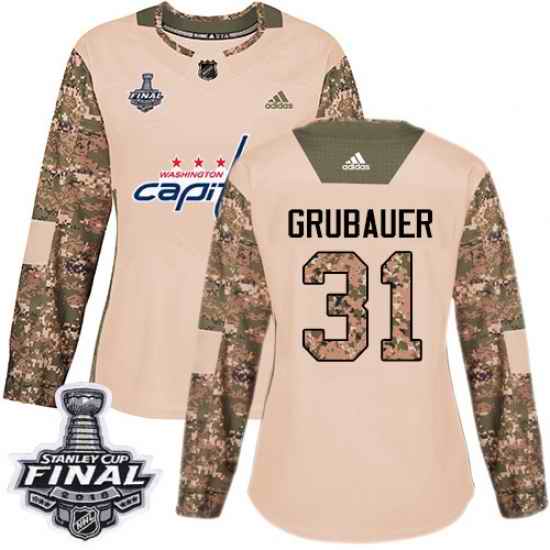 Adidas Capitals #31 Philipp Grubauer Camo Authentic 2017 Veterans Day 2018 Stanley Cup Final Women's Stitched NHL Jersey